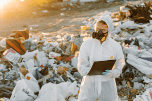 Travailleur équipé d'une combinaison et d'un masque travaillant avec des déchets souillés